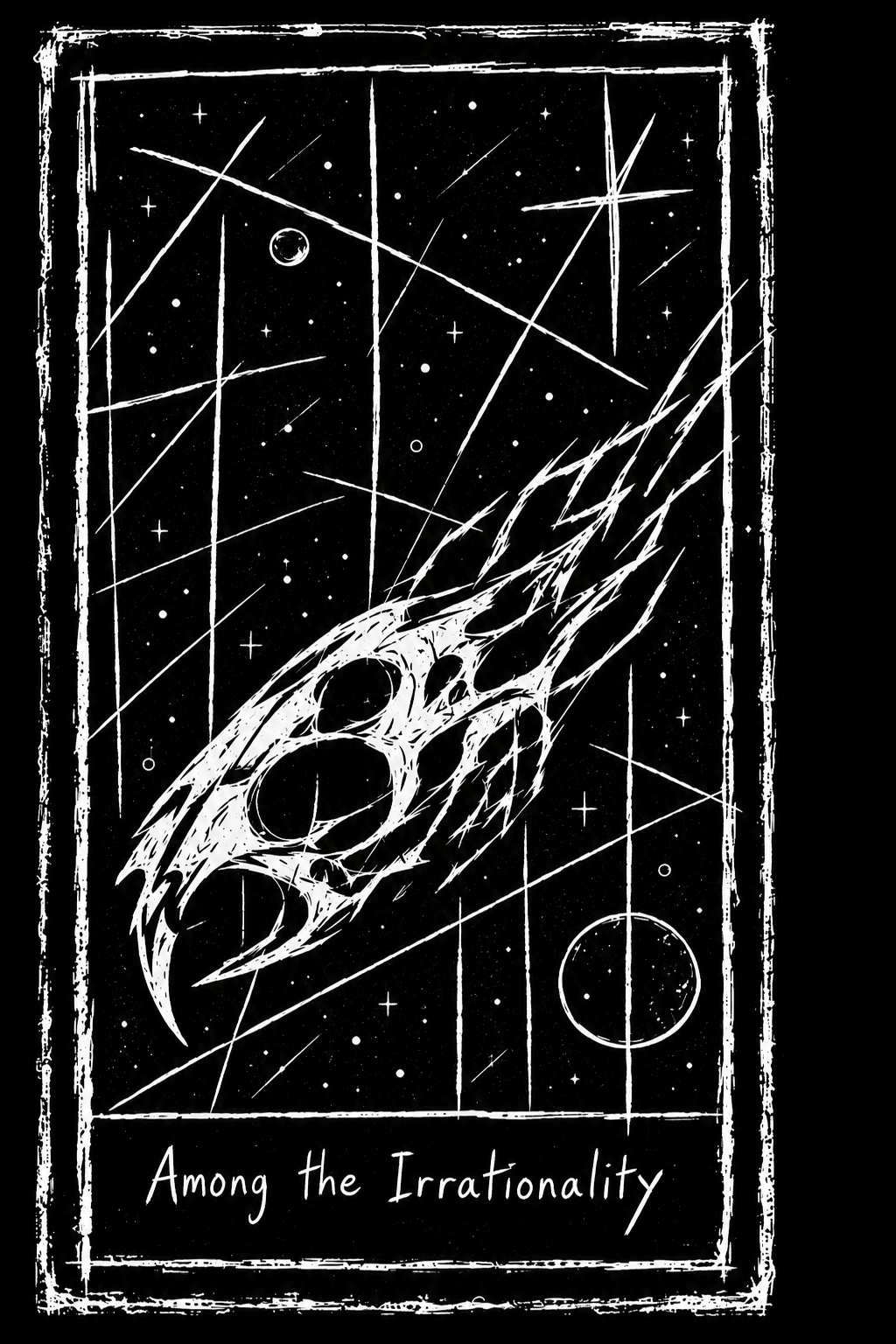 Possible merchandise artwork: a sharply drawn elongated skull beneath stars and intersecting lines, framed in rough white ink.
