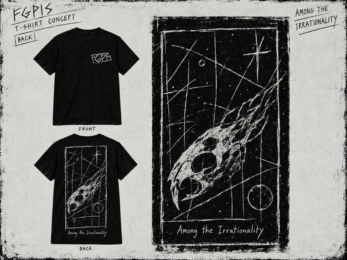 FGPIS shirt concept board showing a small logo on the front and a large skull and celestial artwork on the back.